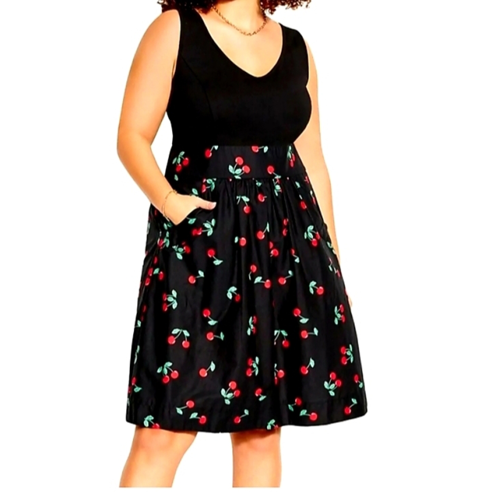 City Chic Black Midi Dress with Cherry Pattern